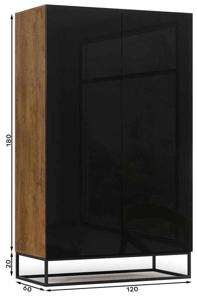 Ντουλάπα Elyria A105, Artisan βελανιδιά, Γυαλιστερό μαύρο, 200x120x60cm, 122 kg, Πόρτες ντουλάπας: Με μεντεσέδες | Epipla1.gr