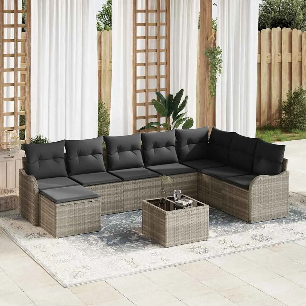 vidaXL Σετ Καναπέ Κήπου με μαξιλάρι 9 pcs Ανοιχτό γκρι Πολυ ράταν