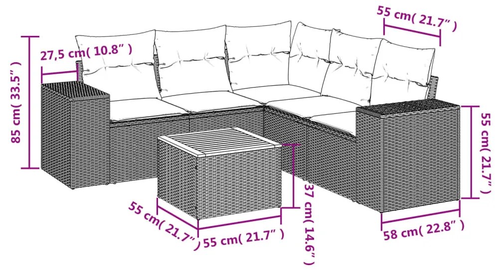 vidaXL Καναπές Κήπου 6 Τεμαχίων Μαύρο από Συνθετικό Ρατάν με Μαξιλάρια