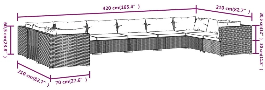 vidaXL Σαλόνι Κήπου Σετ 10 Τεμαχίων Καφέ Συνθετικό Ρατάν με Μαξιλάρια