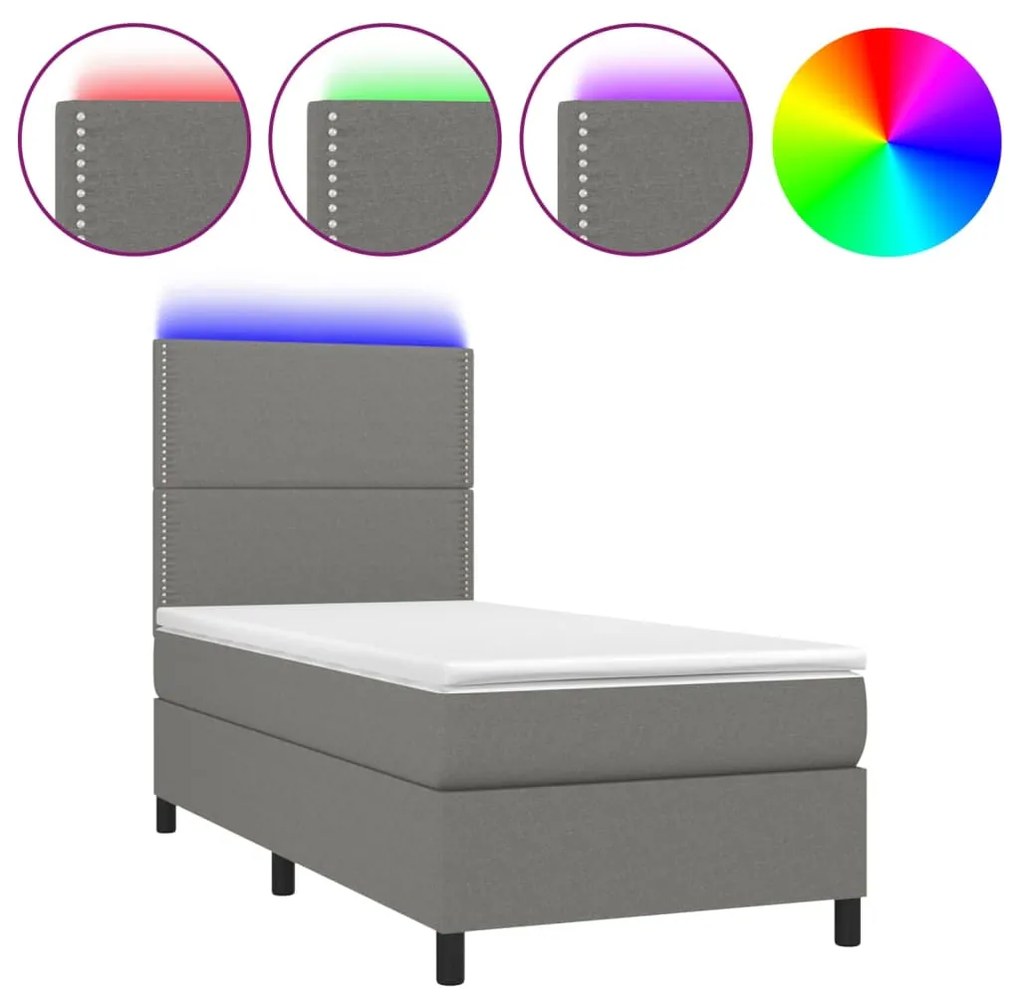 vidaXL Κρεβάτι Boxspring με Στρώμα &amp; LED Σκ.Γκρι 100x200 εκ Υφασμάτινο
