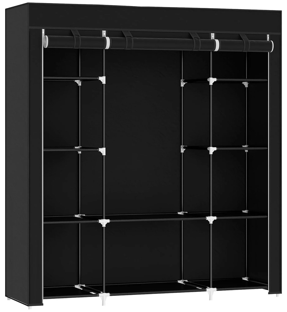 HOMCOM Υφασμάτινη ντουλάπα από μη υφαντό ύφασμα, πτυσσόμενη ντουλάπα, 1 ράβδος ρούχων, 9 ράφια, 150 cm x 43 cm x 162,5 cm, Μαύρο
