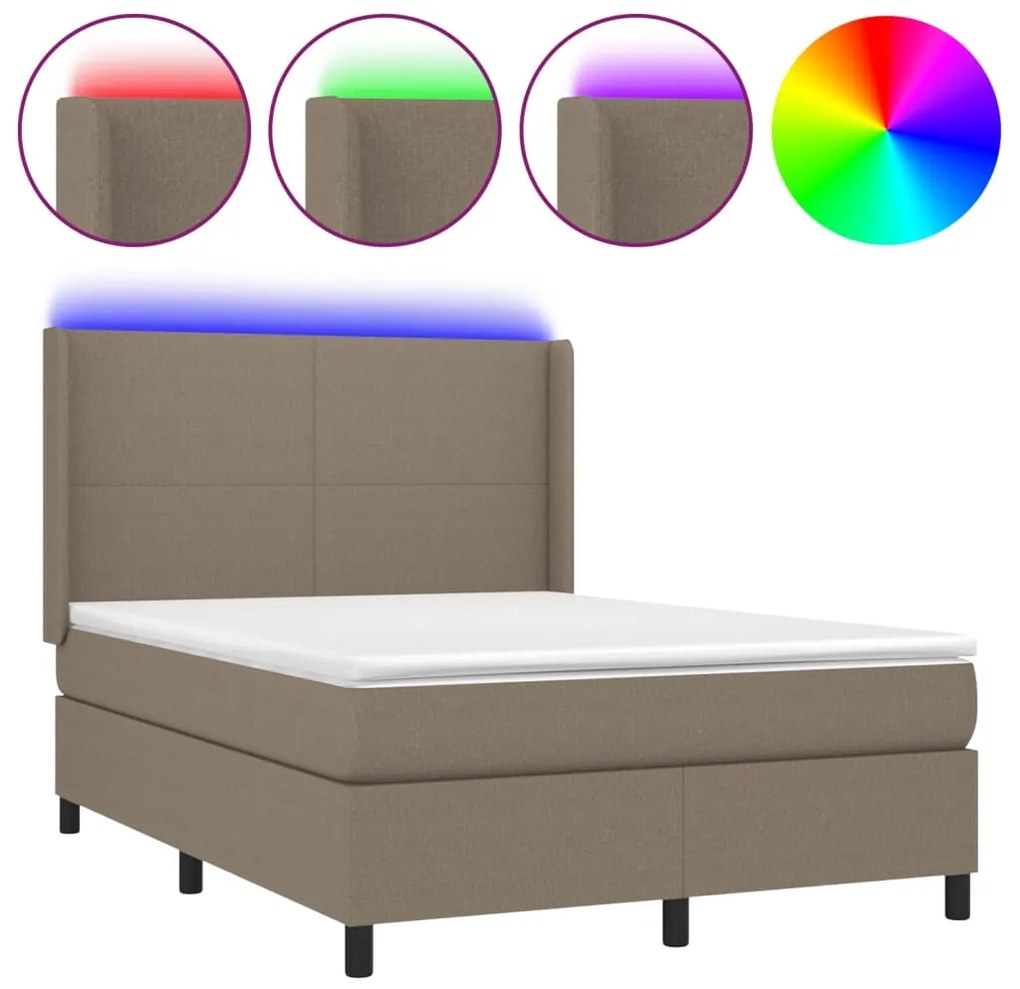 vidaXL Κρεβάτι Boxspring με Στρώμα &amp; LED Taupe 140x200 εκ. Υφασμάτινο