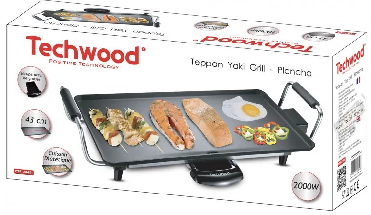 Techwood TTP-2343, 2000W, 43x23 cm, Αντικολλητική επίστρωση, Θερμοστάτης, Μαύρο