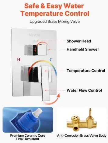 VEVOR Shower Faucet Set 10&quot; Square Rain Shower Head and Hand Set Silver Chrome