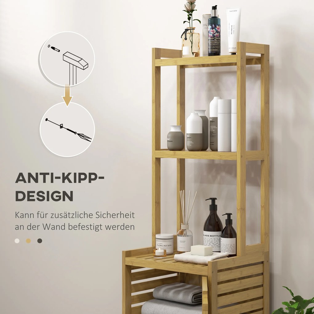 HOMCOM Ράφι Μπάνιου Ράφι Μπάνιου, 3 Ράφια, 1 Ντουλάπι, 38,5 cm x 33 cm x 170 cm, Φυσικό