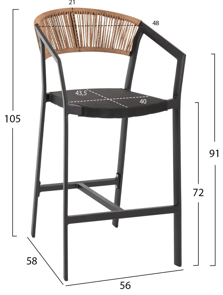 Σκαμπό Μπαρ C5892.05 Αλουμινίου Μαύρο με Μπέζ Rattan & Textline 56x58x105Y εκ. 56x58x105 εκ.