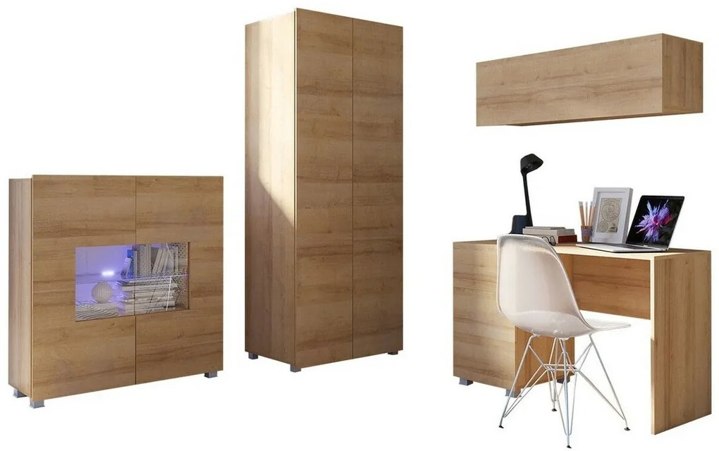 Σετ επίπλων Providence B156 Χρυσή βελανιδία, 200x52cm, 143 kg, Χρυσή βελανιδία, Επεξεργασμένο γυαλί, Πλαστικοποιημένη μοριοσανίδα, Στυλ: Μοντέρνο