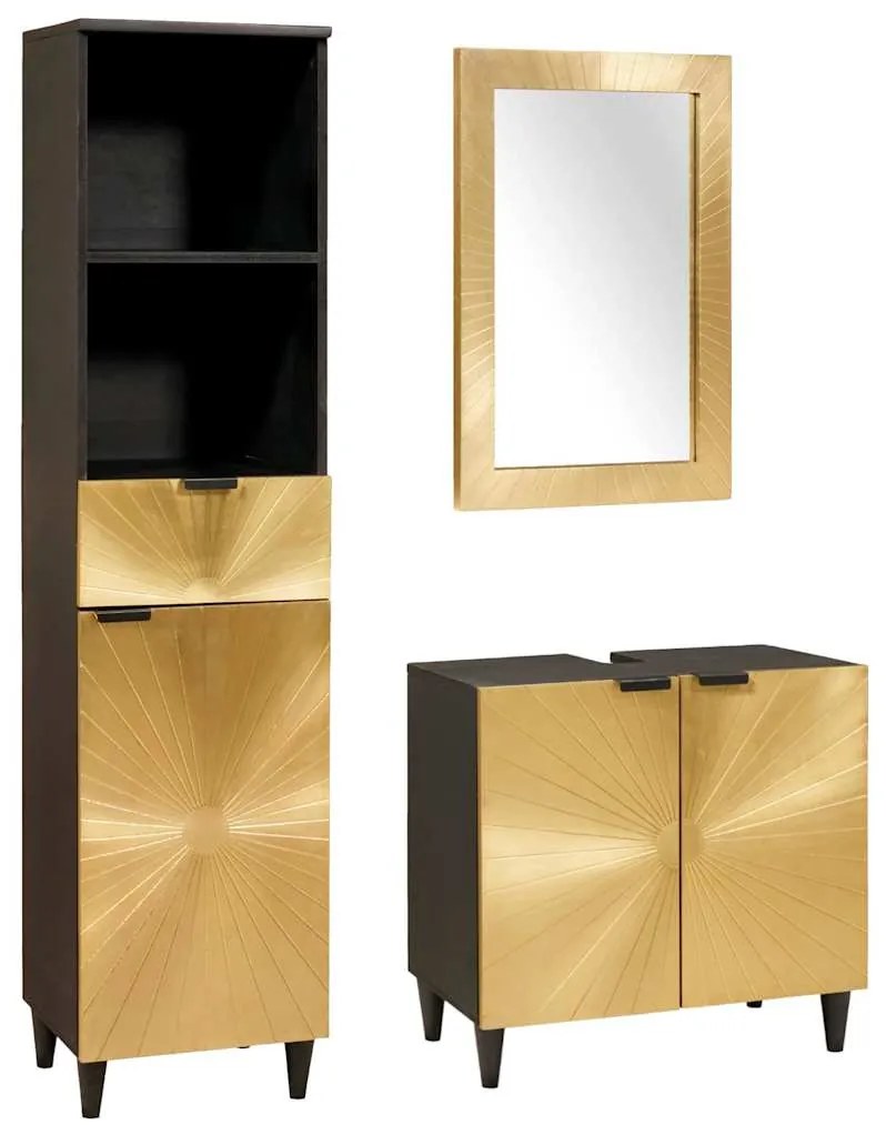 Σετ Ντουλαπιών Μπάνιου 3 pcs Μαύρο και Χρυσό Στερεό ξύλο μάνγκο