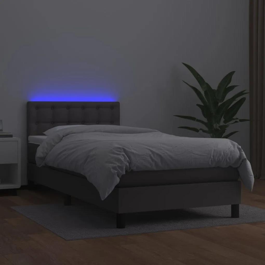 Κρεβάτι Boxspring με Στρώμα &amp; LED Γκρι 100x200 εκ. Συνθ. Δέρμα - Γκρι