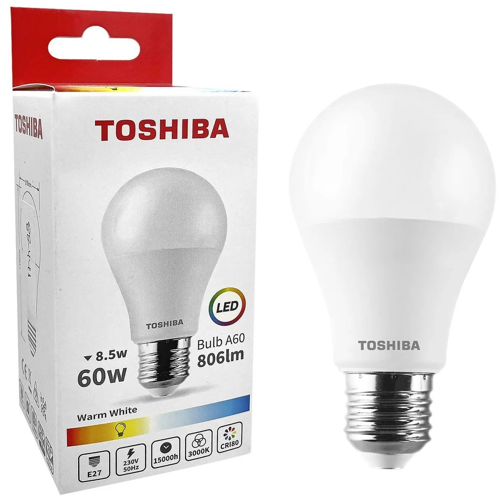 Λάμπα led toshiba για ντουί e27 θερμό λευκό 230v n_ std a60 8,5w 3000k, γωνία δέσμης 180 μοίρες  Toshiba 00168800 88-441