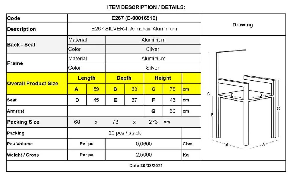 Πολυθρόνα Silver-Ii Dining Αλουμινίου . Διάσταση: 59x63x76cm
