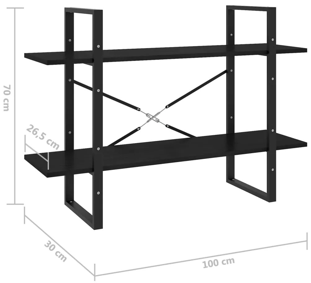 Βιβλιοθήκη με 2 Ράφια Μαύρη 100x30x70 εκ. από Μασίφ Ξύλο Πεύκου - Μαύρο