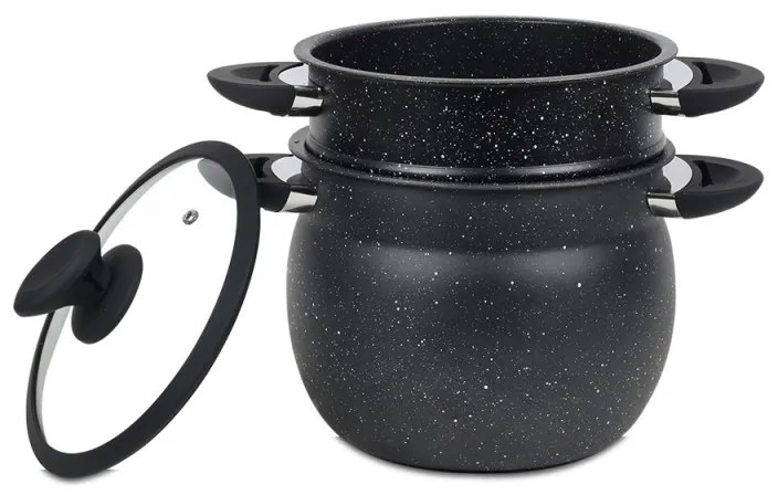 Ατμομάγειρας Royalty Line RL-CP6LM, 20 cm, 6 λίτρα, 3 τεμάχια, μαρμάρινο φινίρισμα, επαγωγή, Μαύρο