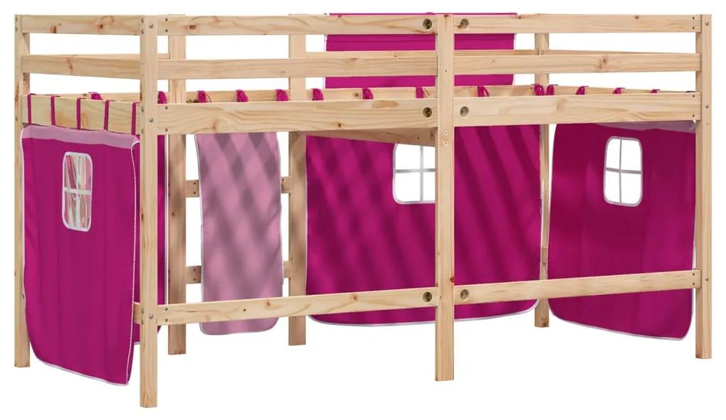 vidaXL Υπερυψ. Κρεβάτι με Κουρτίνες Ροζ 90 x 190 εκ. Μασίφ Ξύλο Πεύκου