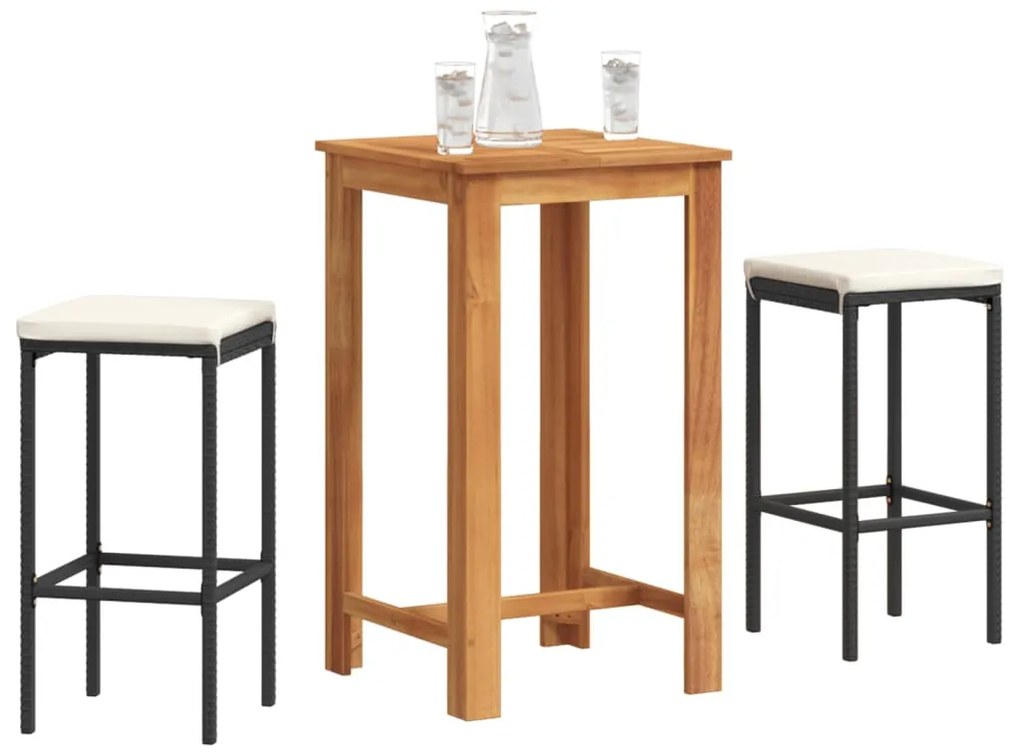 vidaXL Σετ Μπαρ Κήπου 3 Τεμ. Μαύρο Μασίφ Ξύλο Ακακίας και Συνθ. Ρατάν