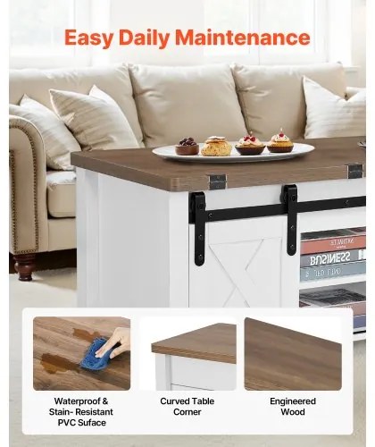 VEVOR 1000 mm Farmhouse Lift Top Coffee Table, Rustic Center Table with Barn Door and Hidden Storage Compartment, Modern Rectangle Lifting Tabletop for Living Room, Office, Home, Easy Assembly, Brown