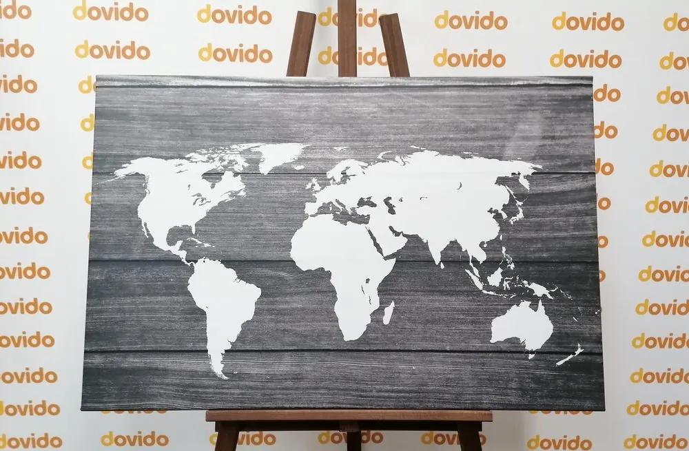 Εικόνα ενός ασπρόμαυρου παγκόσμιου χάρτη φελλού με ξύλινο φόντο - 120x80  arrow