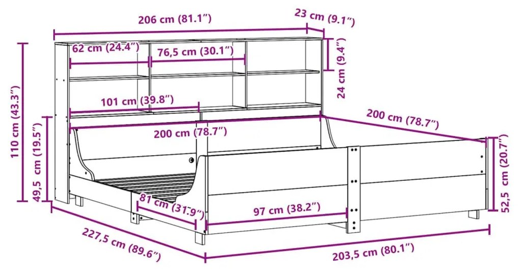 Κρεβάτι Βιβλιοθήκη Χωρίς Στρώμα Καφέ 200x200 εκ Μασίφ Πεύκο - Καφέ