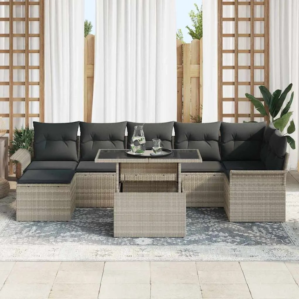 vidaXL Σετ Καναπέ Κήπου με μαξιλάρι 8 pcs Ανοιχτό γκρι Πολυ ράταν