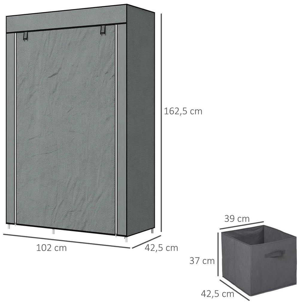 HOMCOM Υφασμάτινη ντουλάπα πτυσσόμενη ντουλάπα, 1 ράβδος ρούχων, 6 ράφια, 102 x 42,5 x 162,5 cm, Γκρι