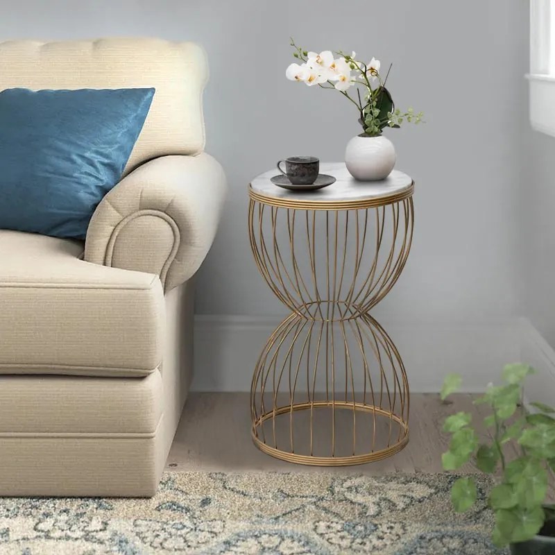 Τραπεζάκι βοηθητικό Pino Megapap μεταλλικό - Mdf χρώμα χρυσό - λευκό εφέ μαρμάρου 35x35x58εκ.