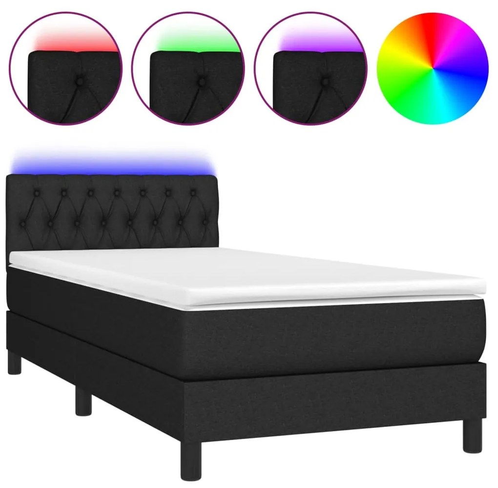 vidaXL Κρεβάτι Boxspring με Στρώμα & LED Μαύρο 90x190 εκ. Υφασμάτινο