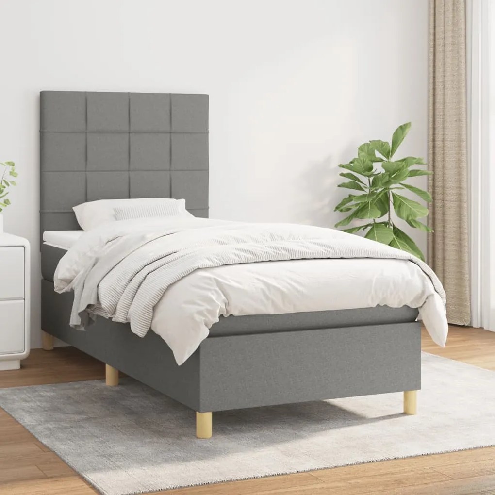 Κρεβάτι Boxspring με Στρώμα Σκούρο Γκρι 90x200 εκ. Υφασμάτινο - Γκρι