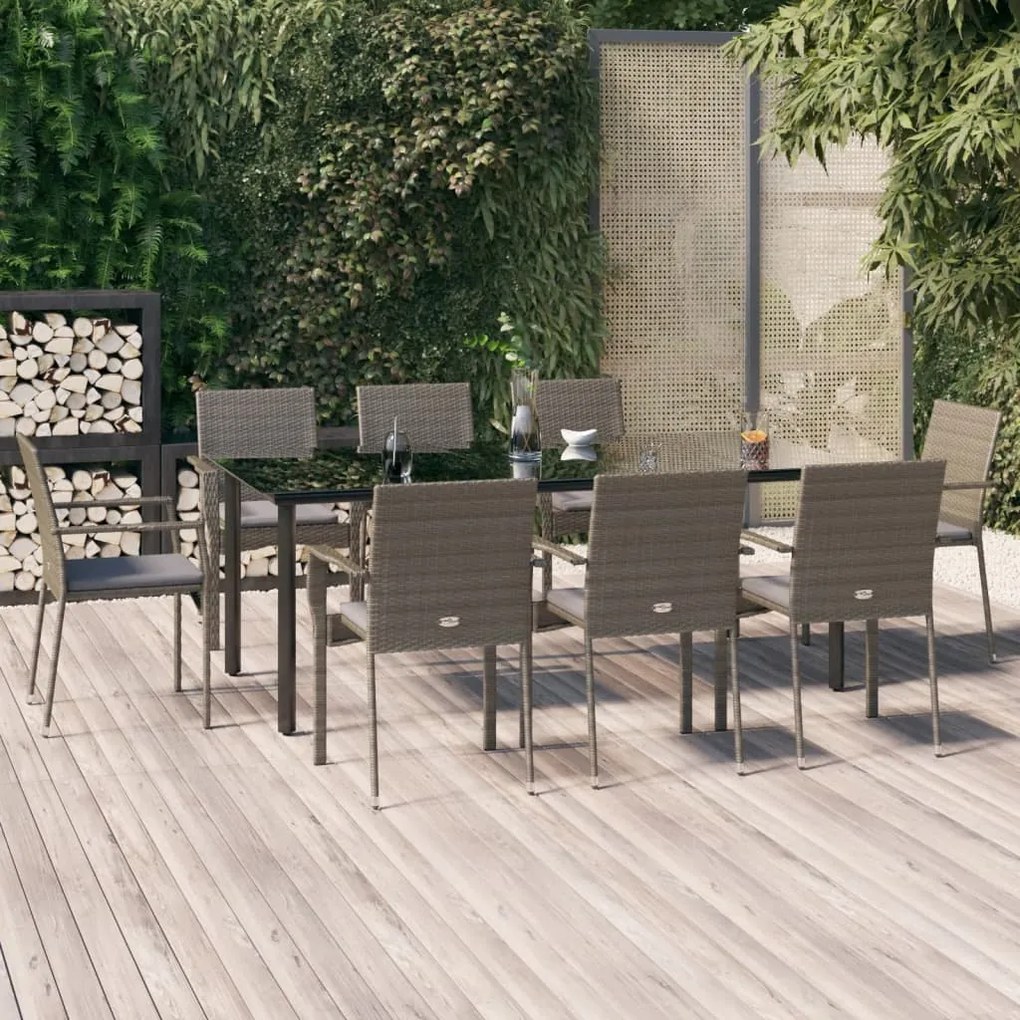 vidaXL Σετ Τραπεζαρίας Κήπου 9 τεμ Μαύρο&amp;Γκρι Συνθ. Ρατάν με Μαξιλάρια