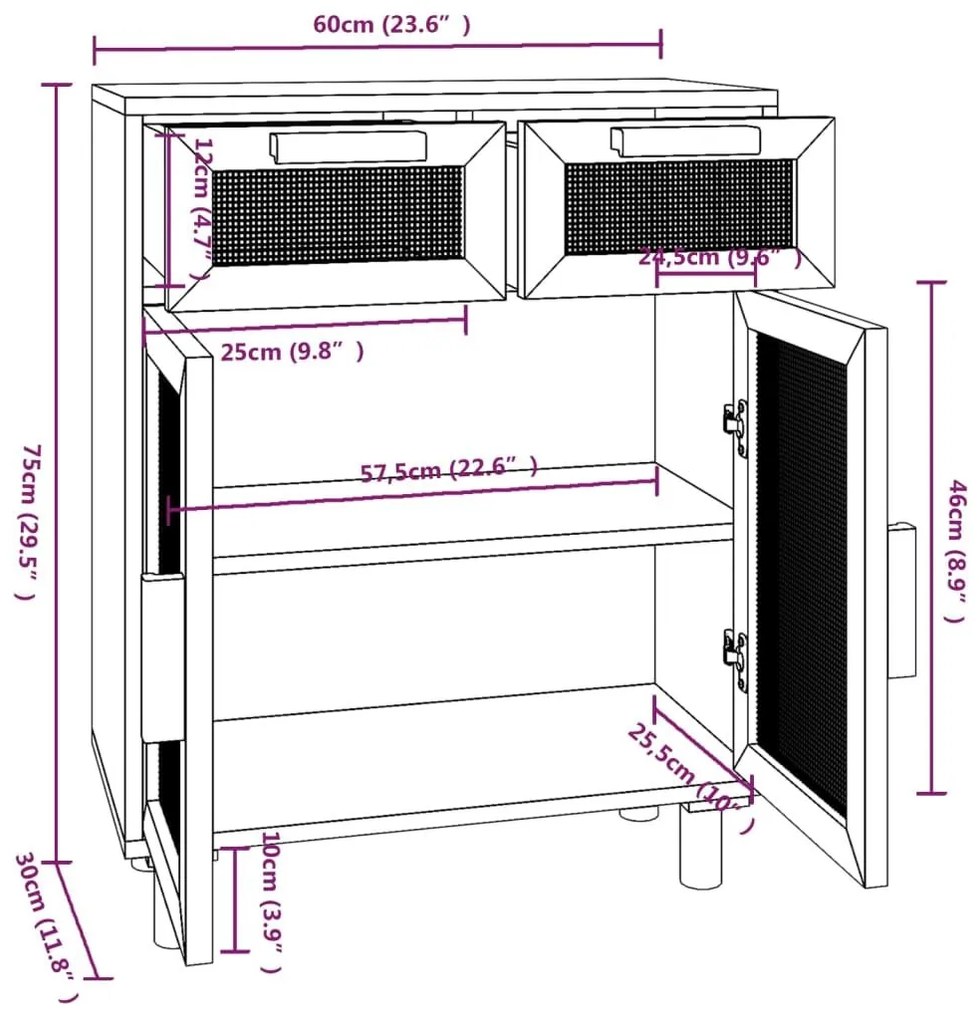 Ντουλάπι Μαύρο 60 x 30 x 75 εκ. από Μασίφ Πεύκο &amp; Φυσικό Ρατάν - Μαύρο