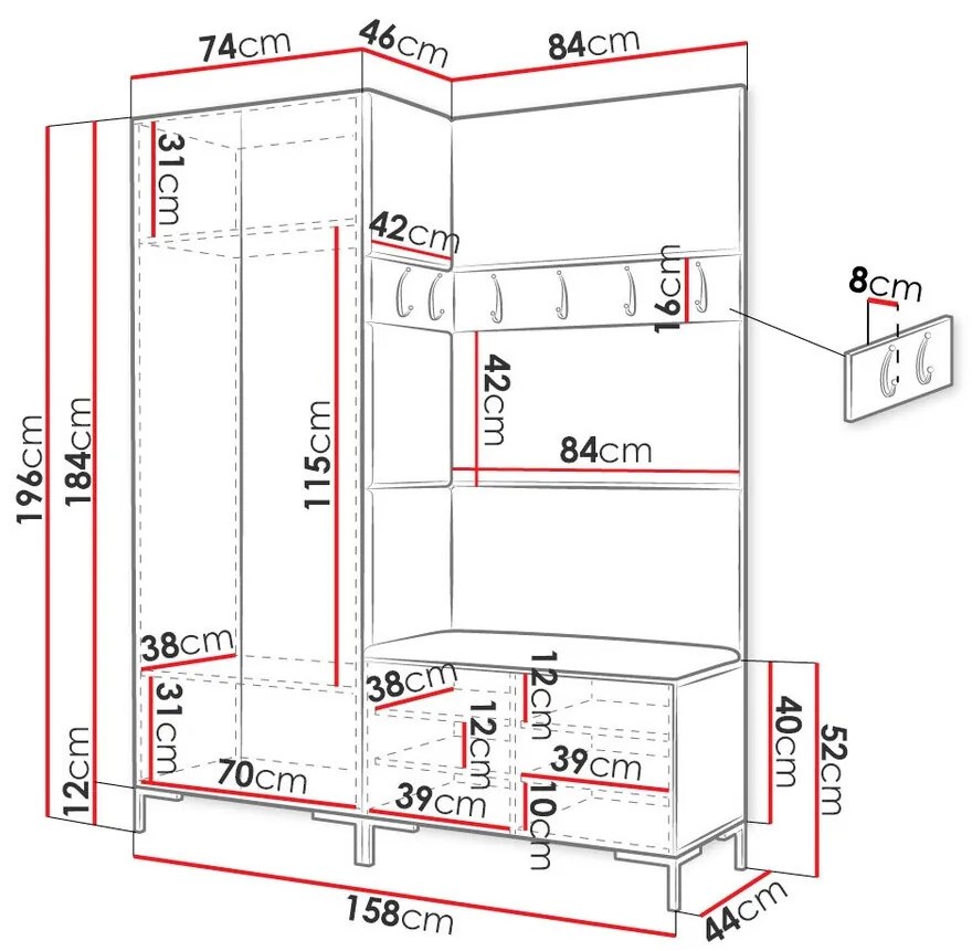 Σετ διαδρόμου Hartford F100, 196x158x44cm, 85 kg, Άσπρο, Ταπισερί, Πλαστικοποιημένη μοριοσανίδα, Τοίχου, Εντοιχισμένη | Epipla1.gr