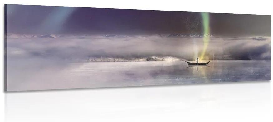 Εικόνα βόρειο σέλας και βάρκα σε μια παγωμένη λίμνη - 120x40