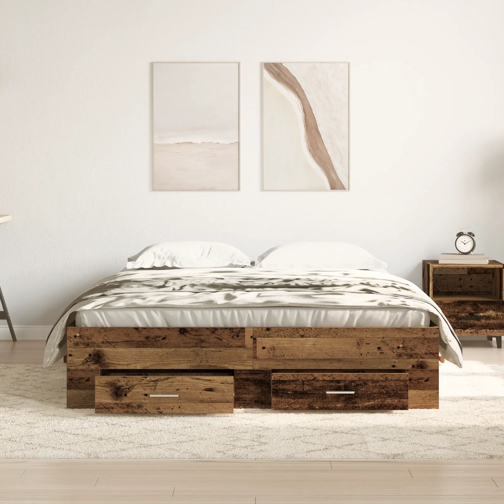 vidaXL Κρεβάτι με Συρτάρια Παλαιό ξύλο 135 x 190 cm Επεξεργασμένο ξύλο