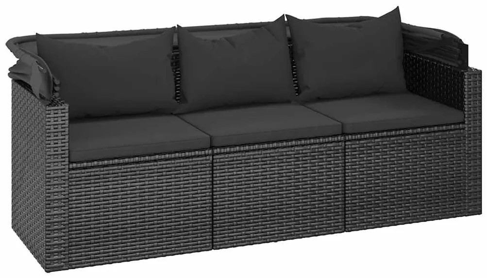 vidaXL Καναπές Κήπου Τριθέσιος Μαύρος Συνθ. Ρατάν με Οροφή/Υποπόδιο