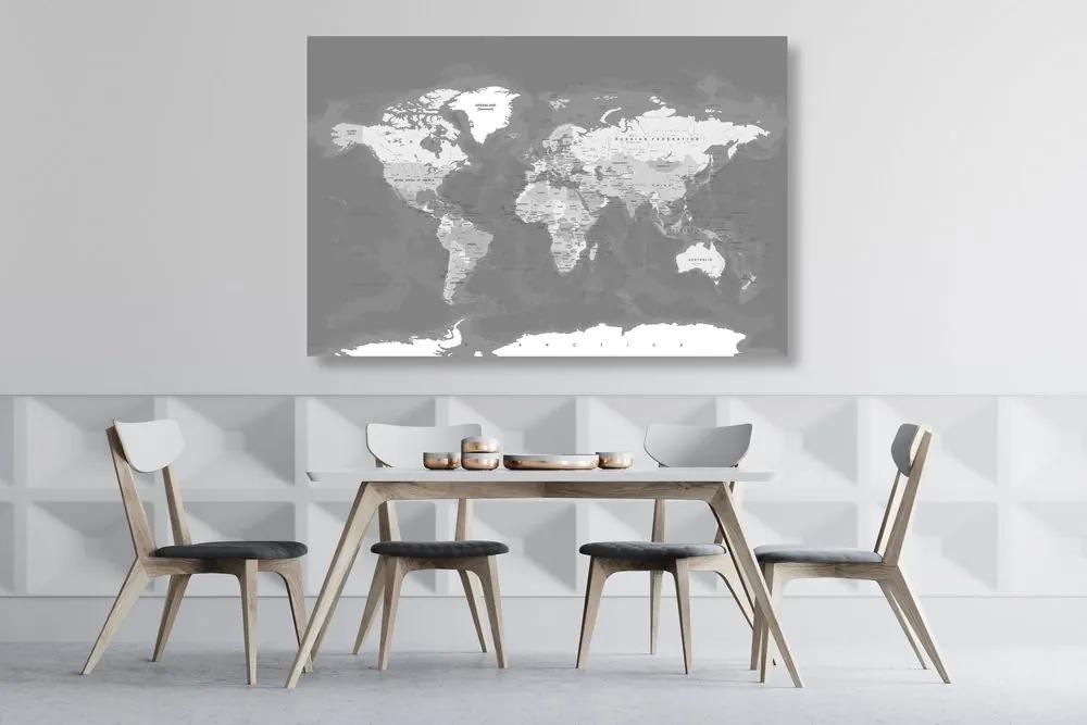 Εικόνα στο φελλό με κομψό vintage ασπρόμαυρο παγκόσμιο χάρτη - 120x80  wooden