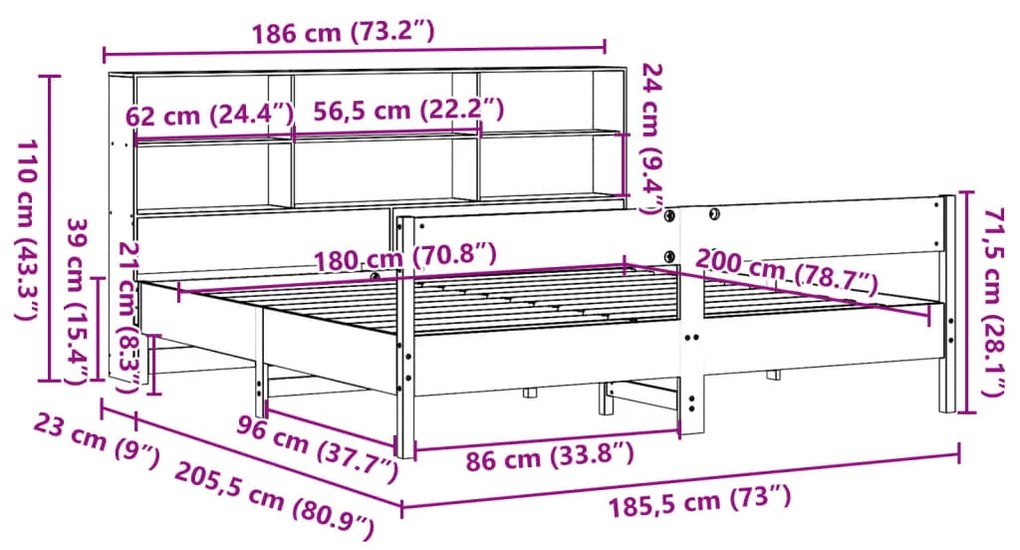 Κρεβάτι Βιβλιοθήκη Χωρίς Στρώμα 180x200 εκ Μασίφ Ξύλο Πεύκου - Λευκό