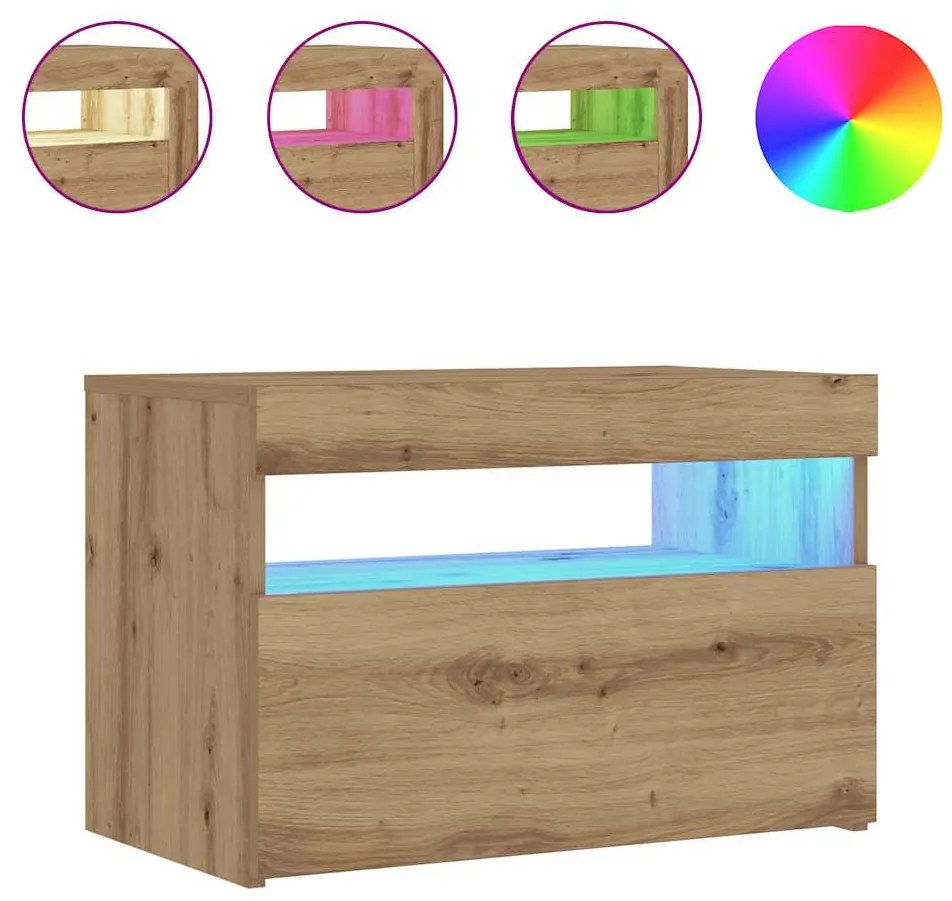 Κομοδίνο με φώτα LED Αρτισιανή Δρυς 60x35x40 εκ. από Επεξ. Ξύλο - Καφέ