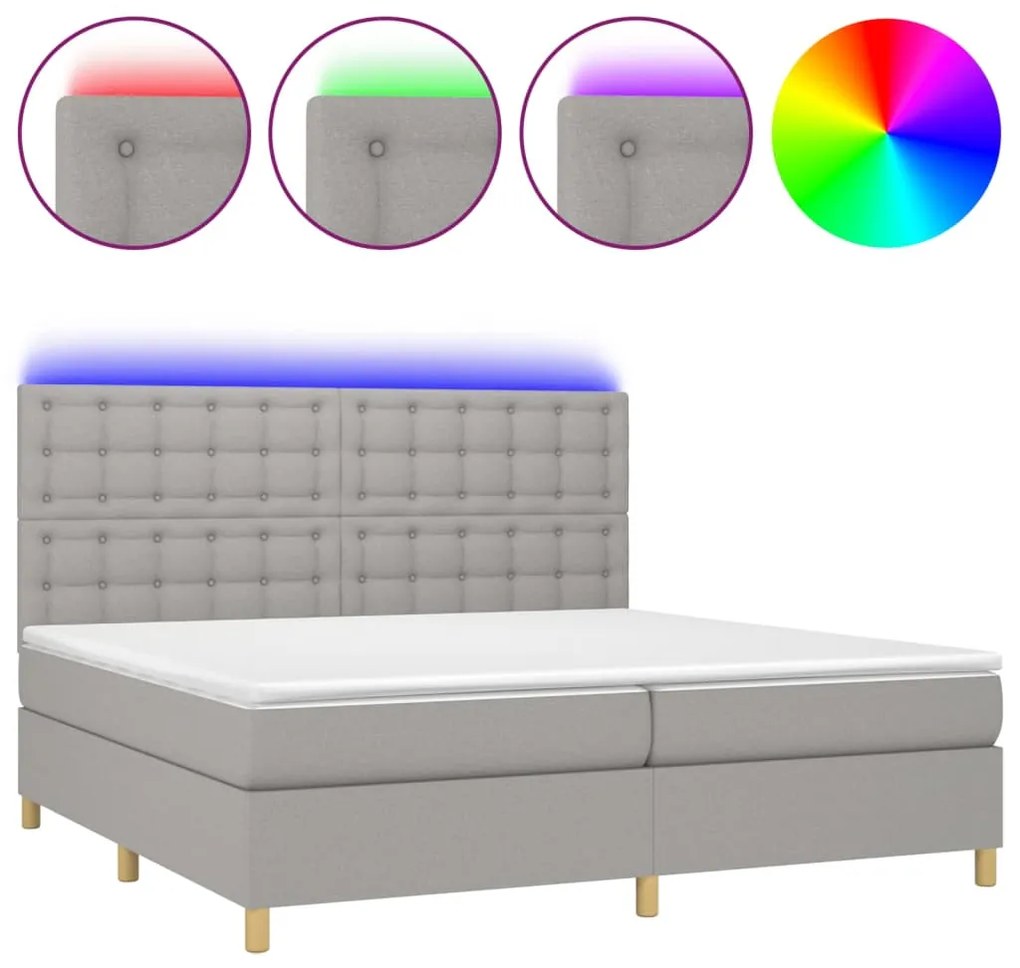 vidaXL Κρεβάτι Boxspring με Στρώμα & LED Αν.Γκρι 200x200εκ. Υφασμάτινο