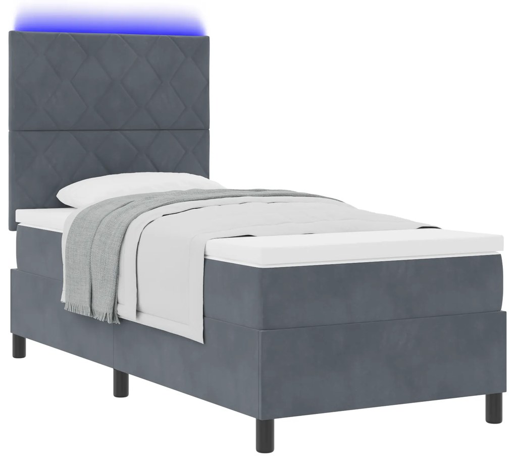vidaXL κρεβάτι Box Spring με στρώμα & LED γκρι σκούρο 90x200 εκ. από βελούδο