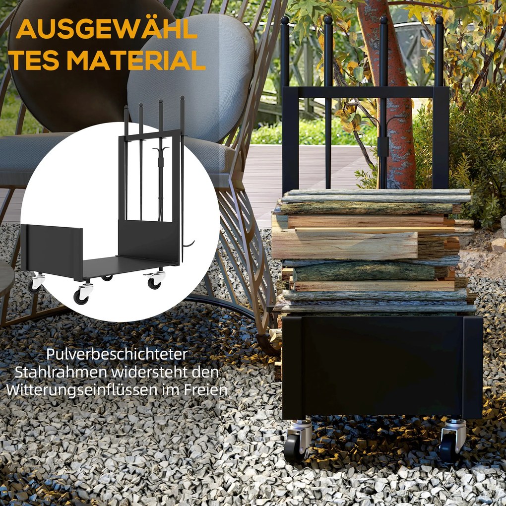 Outsunny Βάση για Ξύλα Τζακιού με Ρόδες, Πολλά Αξεσουάρ, Μεταλλικό Πλαίσιο, έως 60 kg, 48 x 30 x 76 cm, Μαύρο