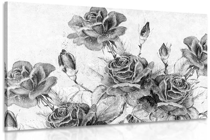 Εικόνα ενός vintage μπουκέτο τριαντάφυλλα σε μαύρο & άσπρο - 60x40