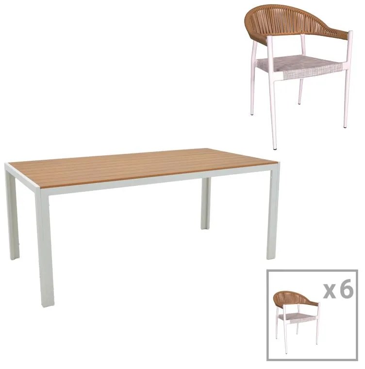 Τραπεζαρία Nares-Elation A σετ 7τεμ λευκό αλουμίνιο και plywood σε φυσική απόχρωση 180x90x72.5εκ 180x90x72.5 εκ.