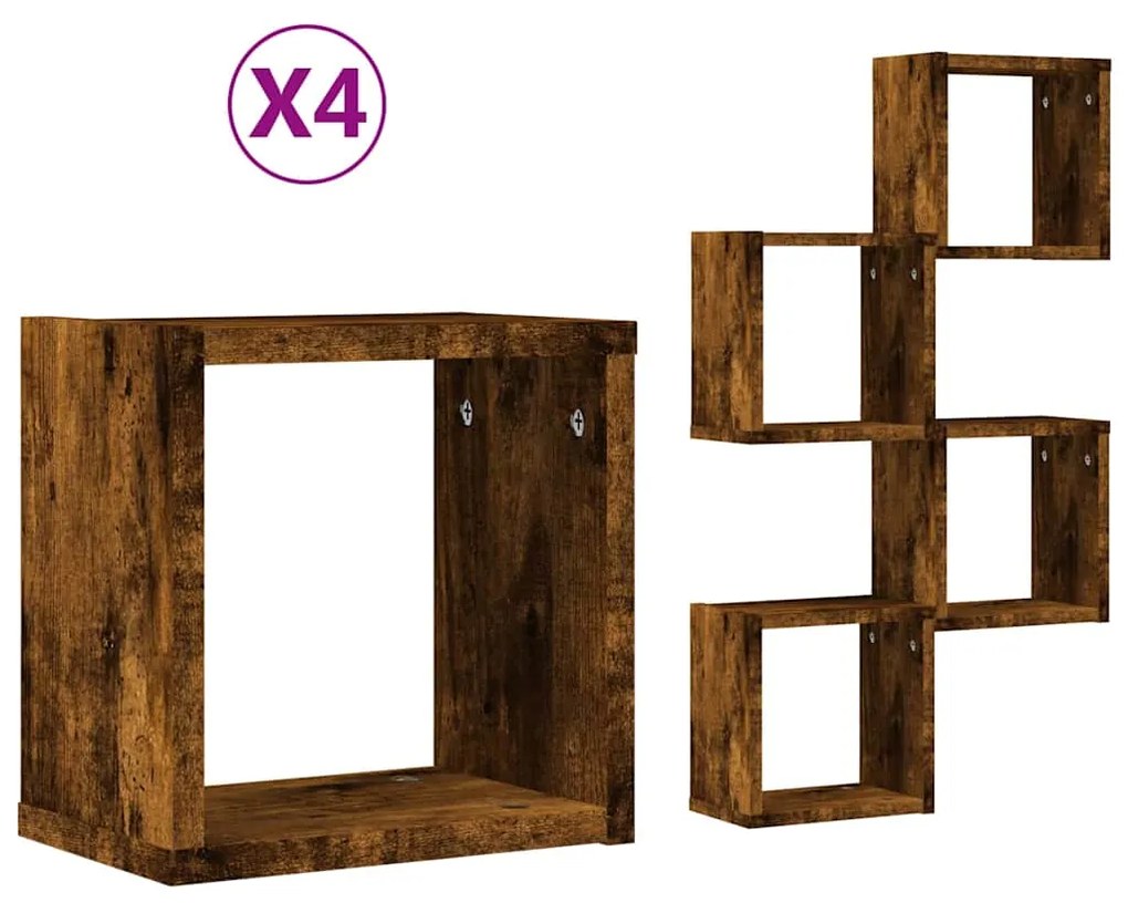 vidaXL Ράφια Τοίχου Κύβου με αποθήκευση 4 pcs Καφέ