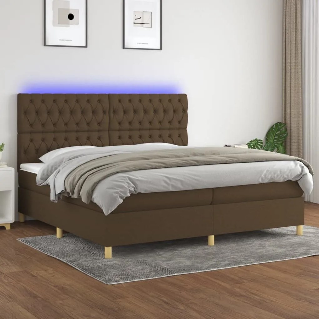 Κρεβάτι Boxspring με Στρώμα &amp; LED Σκ.Καφέ 200x200εκ. Υφασμάτινο - Καφέ