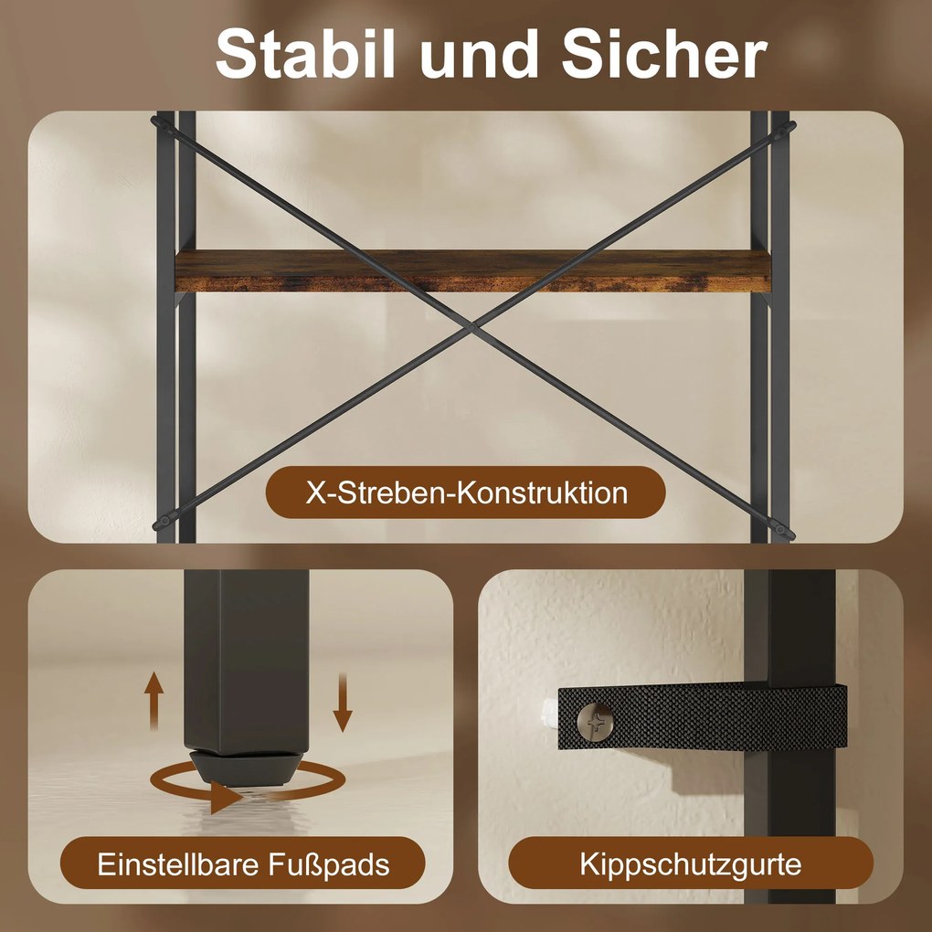 HOMCOM Βιβλιοθήκη, 5 Επιπέδων, Μέταλλο, Επιφάνεια Melamine, Καφέ