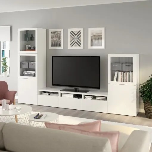 BESTÅ σύνθεση αποθήκευσης TV/γυάλινες πόρτες/συρτάρια με μαλακό κλείσιμο, 300x42x193 cm 093.307.94
