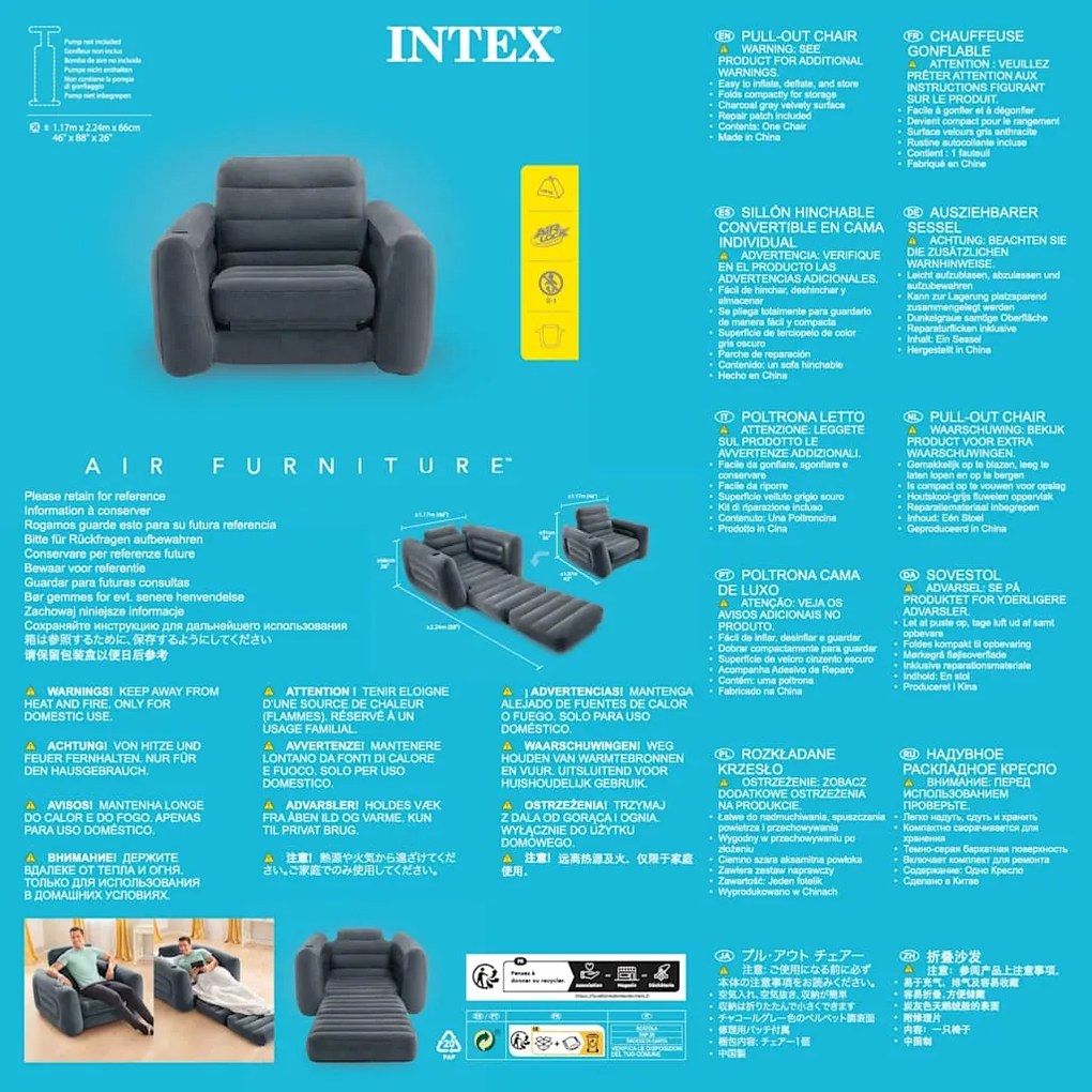 INTEX Πολυθρόνα Κρεβάτι Φουσκωτή Σκούρο Γκρι 117 x 224 x 66 εκ.