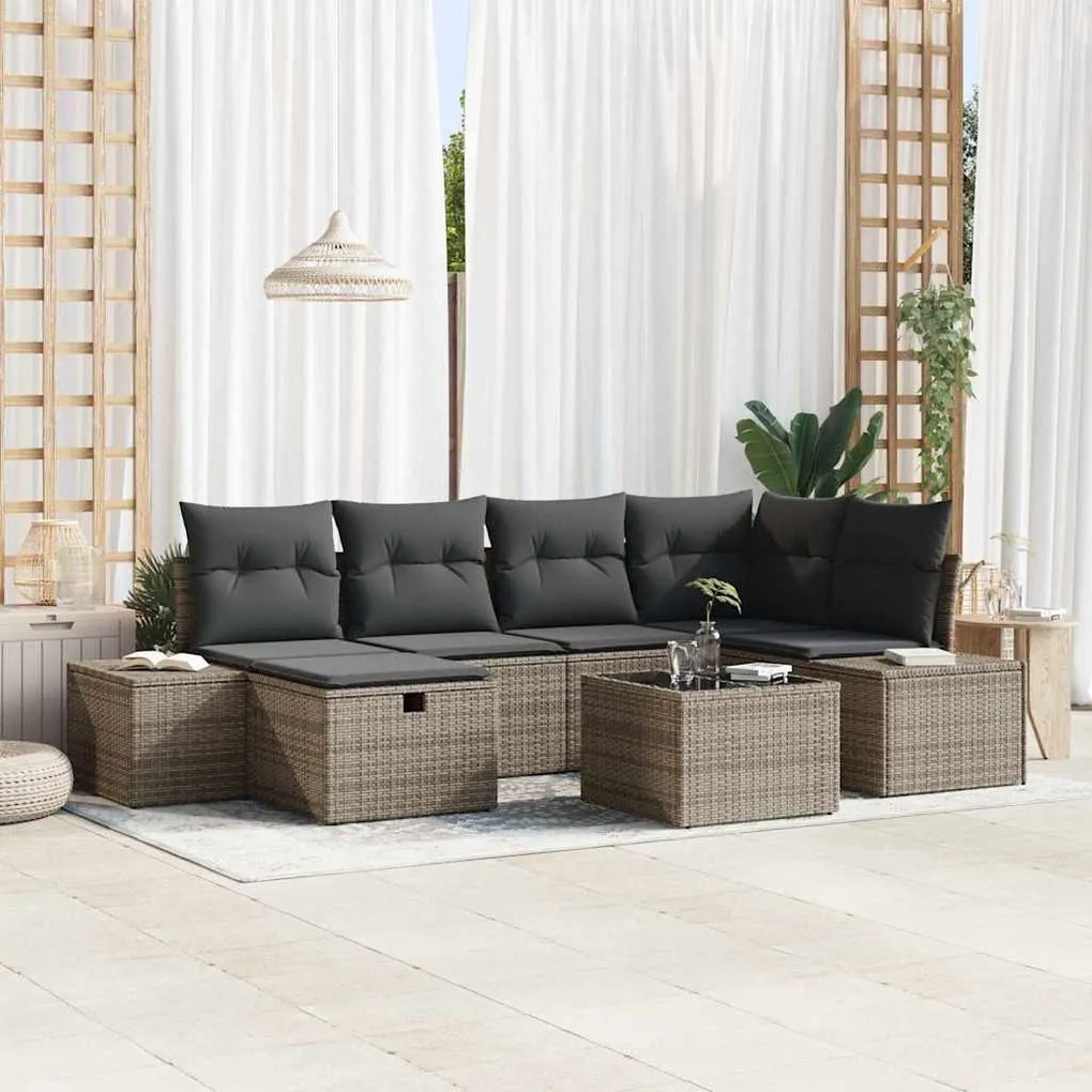 vidaXL Σετ Καναπέ Κήπου με μαξιλάρι 7 pcs Γκρι Πολυ ράταν