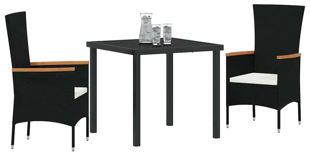 vidaXL Σέτ φαγητού για κήπο με μαξιλάρι 3 pcs Μαύρο Πολυ ράταν