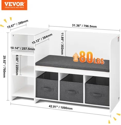 VEVOR Kids Reading Nook Bench 6-Cubby Storage Bookshelf with Seat Cushion White